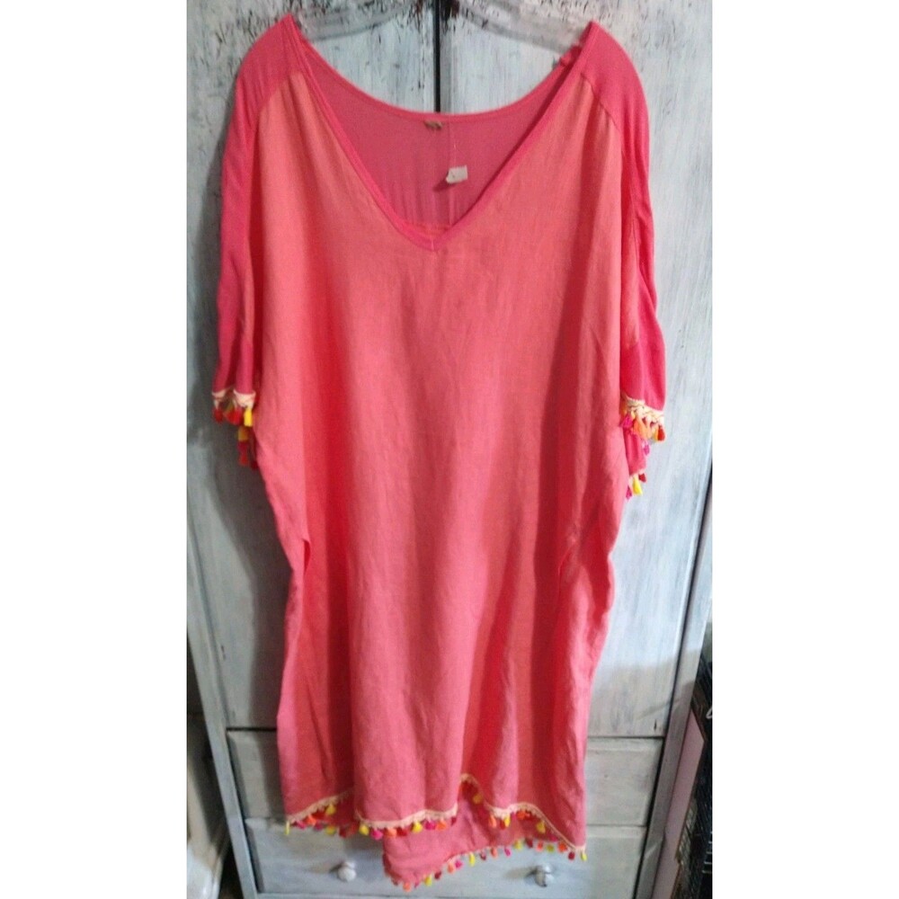 Linen Maxi FRINGED Tassel Vneck Dress Osfm Peach Boho Beachy Summer Loganlook